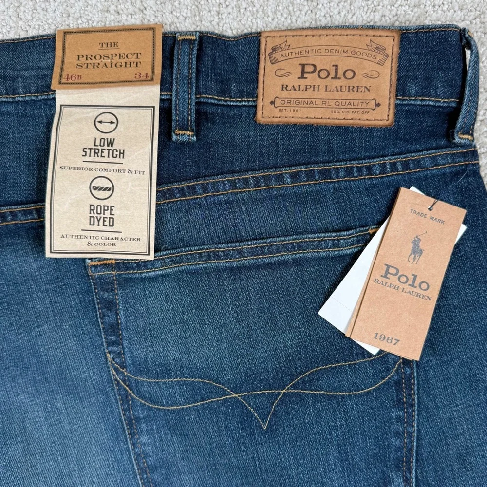 NEW Polo Ralph Lauren Mens 46x34 Prospect Straight Leg Denim Blue Jeans